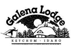 Logo of Galena Lodge in Ketchum, Idaho, featuring a night scene with a person skiing, pine trees, a mountain, a full moon, and stars.