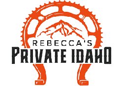 Logo for Rebecca's Private Idaho featuring a mountain and a bicycle gear.