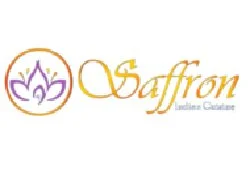 Logo with purple lotus flower inside a gold circle, and the words "Saffron Indiana Cannabis" in gold and purple text.