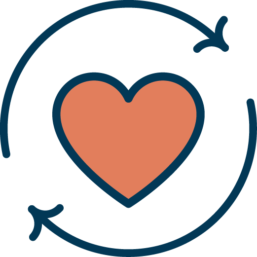 A graphic of a heart with two circular arrows around it, symbolizing love or continuous care.