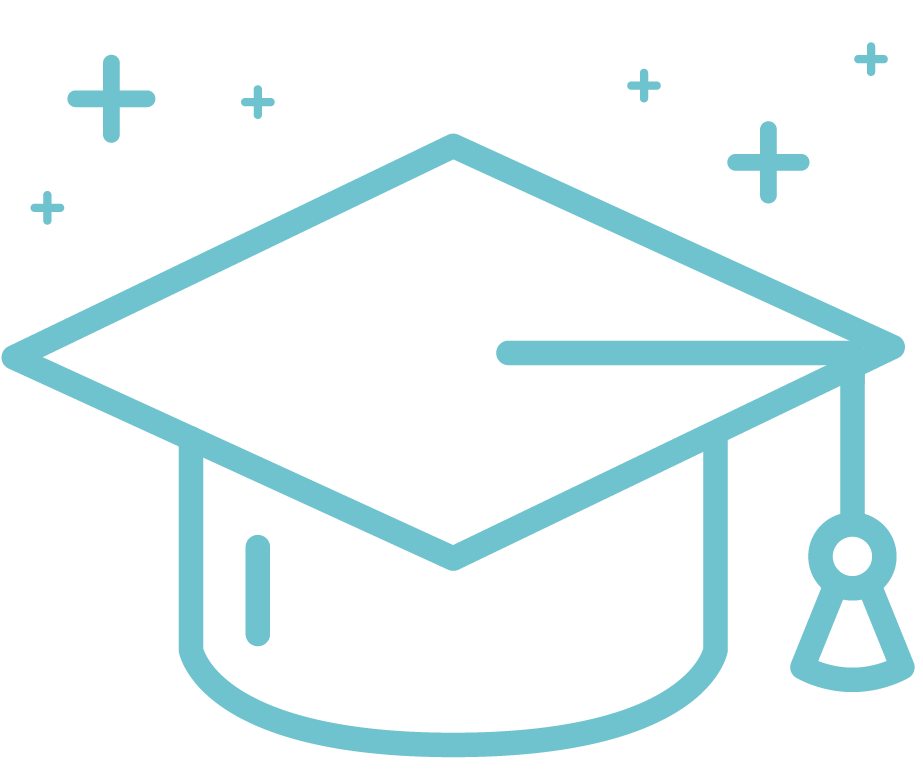 Outline of a graduation cap with a tassel and small plus signs around it.