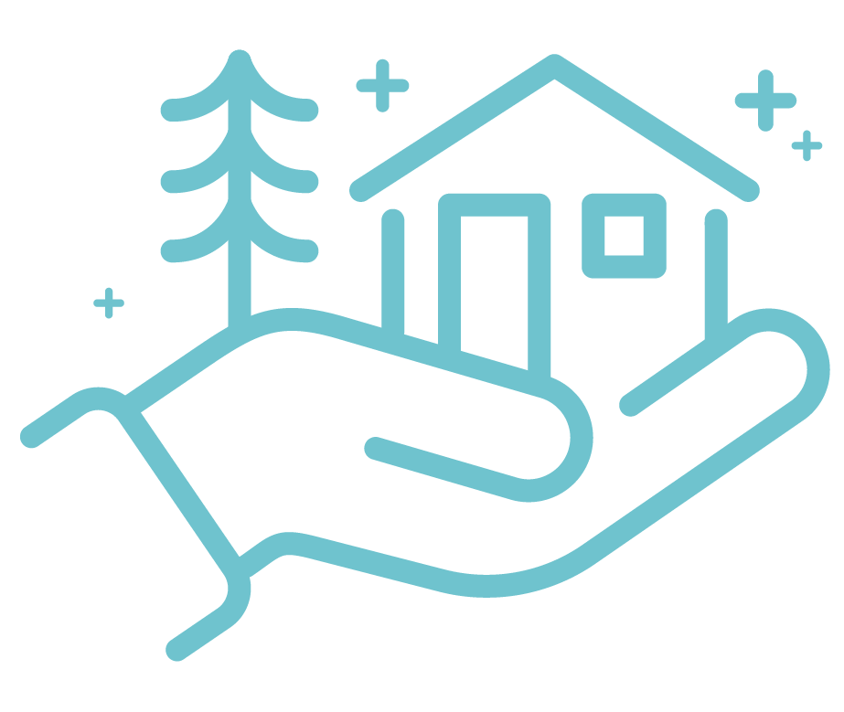 Line drawing of a hand holding a house with a tree next to it surrounded by small stars.