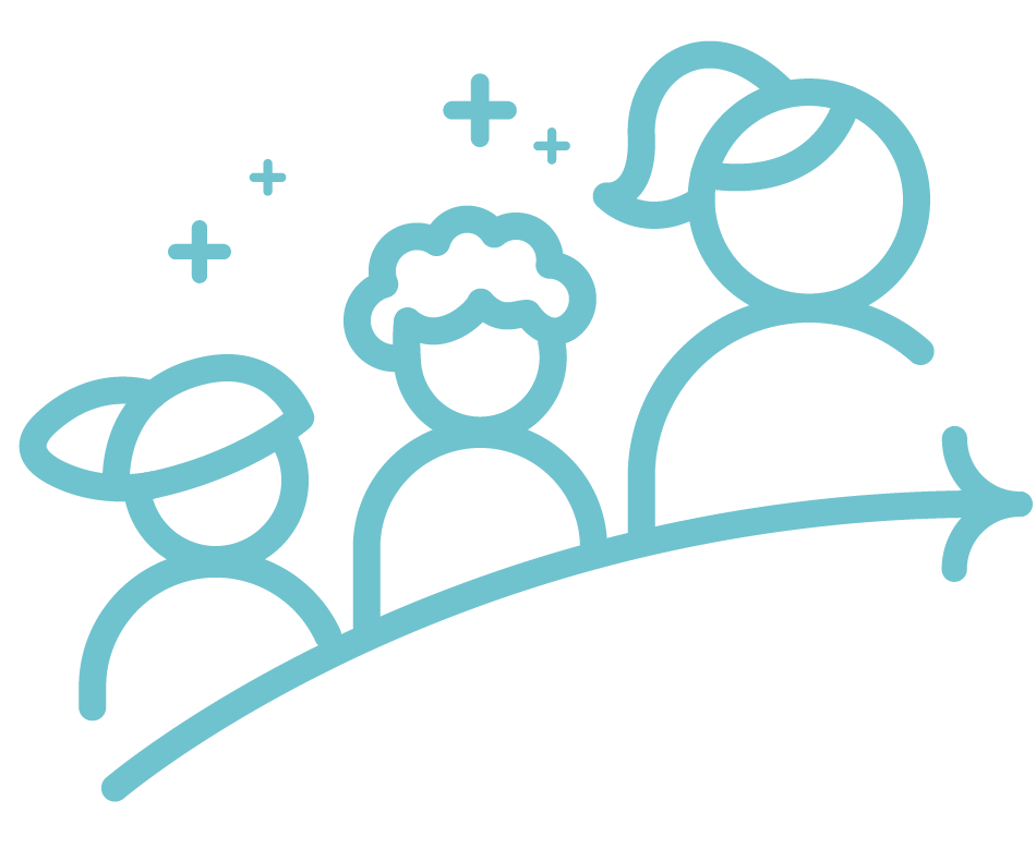 Line drawing of three people with stars around them, suggesting teamwork or growth.