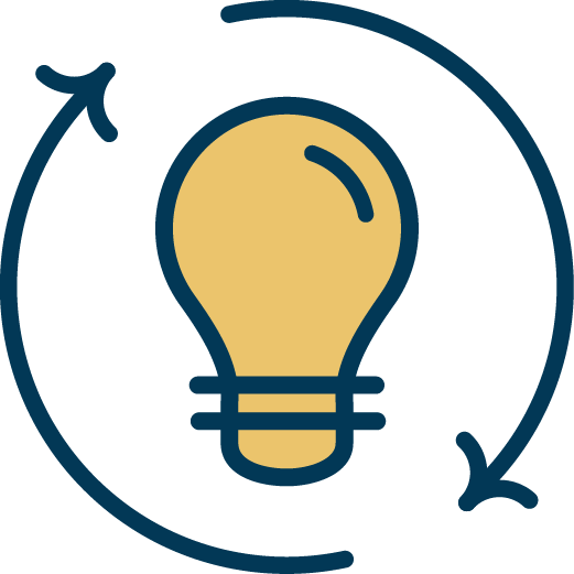 An illustration of a light bulb with arrows circling around it, symbolizing ideas or innovation.