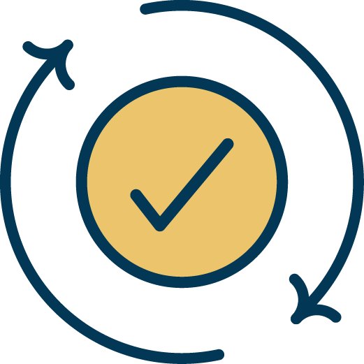 Circular arrow surrounding a checkmark inside a beige circle, representing a renewal or refresh concept.