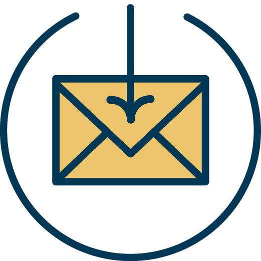 A clock icon with an envelope inside, symbolizing email or message. The envelope is gold, and the outline of the clock and envelope are navy blue.