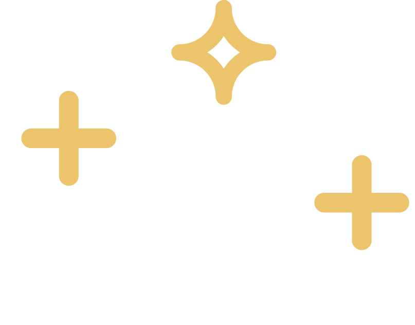 Gold plus signs and a star-like sparkle on a black background.