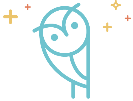 A minimalistic, stylized line drawing of an owl with stars and sparkles around it, in blue and gold colors.