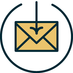 Envelope icon with a drop of ink falling onto it, surrounded by a circular target-like design.