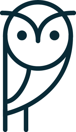 A simple, minimalist illustration of an owl with circular eyes, a small beak, and a curved body.