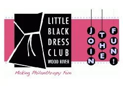 Logo for Little Black Dress Club Wood River with pink background and black and white text, and the slogan 'Making Philanthropy Fun'