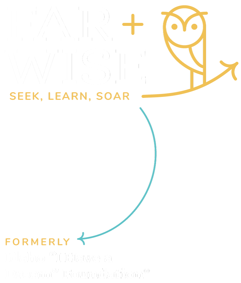 Graphic with the text "FAR + WISE SEEK, LEARN, SOAR," and a yellow drawn owl perched on a branch. An arrow points from "FAR + WISE" to a note indicating it was formerly known as the Idaho 'I Have a Dream' Foundation.