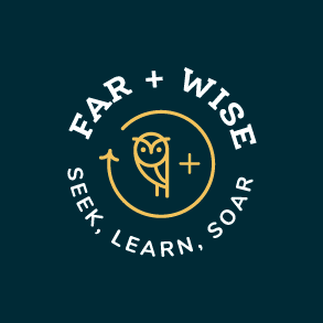 Logo featuring an owl with an open book in its wings, encircled by the words 'FAR + WISE' and the tagline 'Seek, Learn, Soar'.