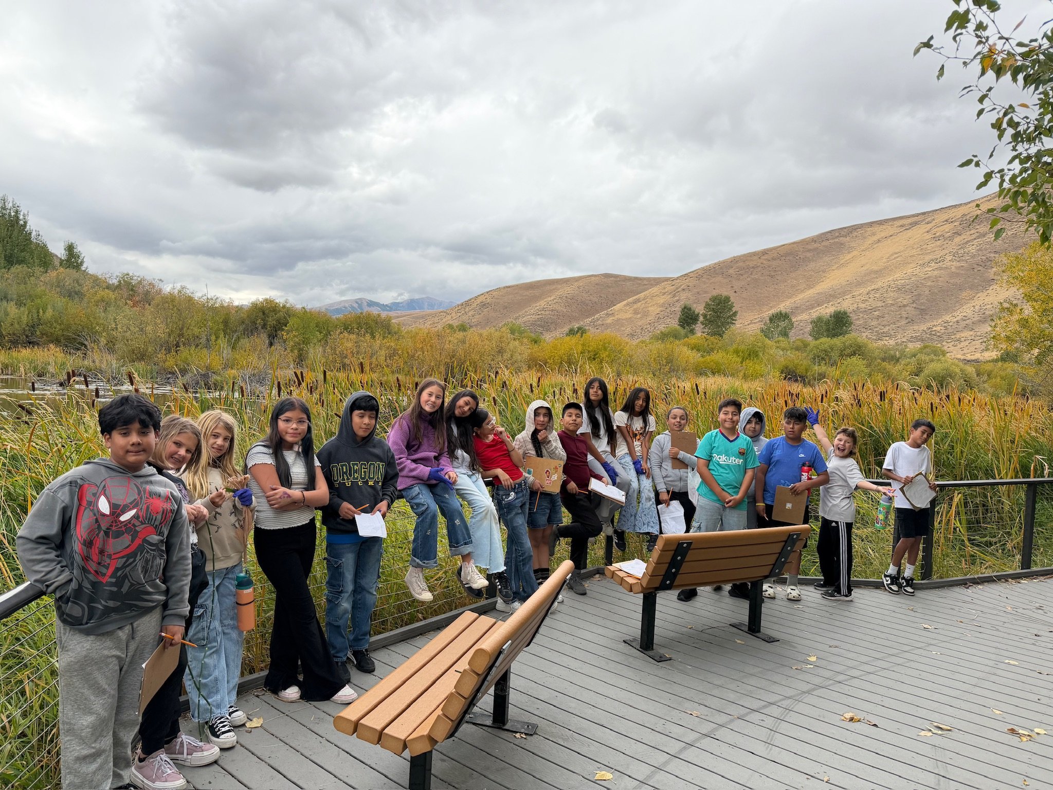 Group of children standing on a wooden deck overlooking marshy wetland with tall grass and rolling hills in the background under cloudy sky.