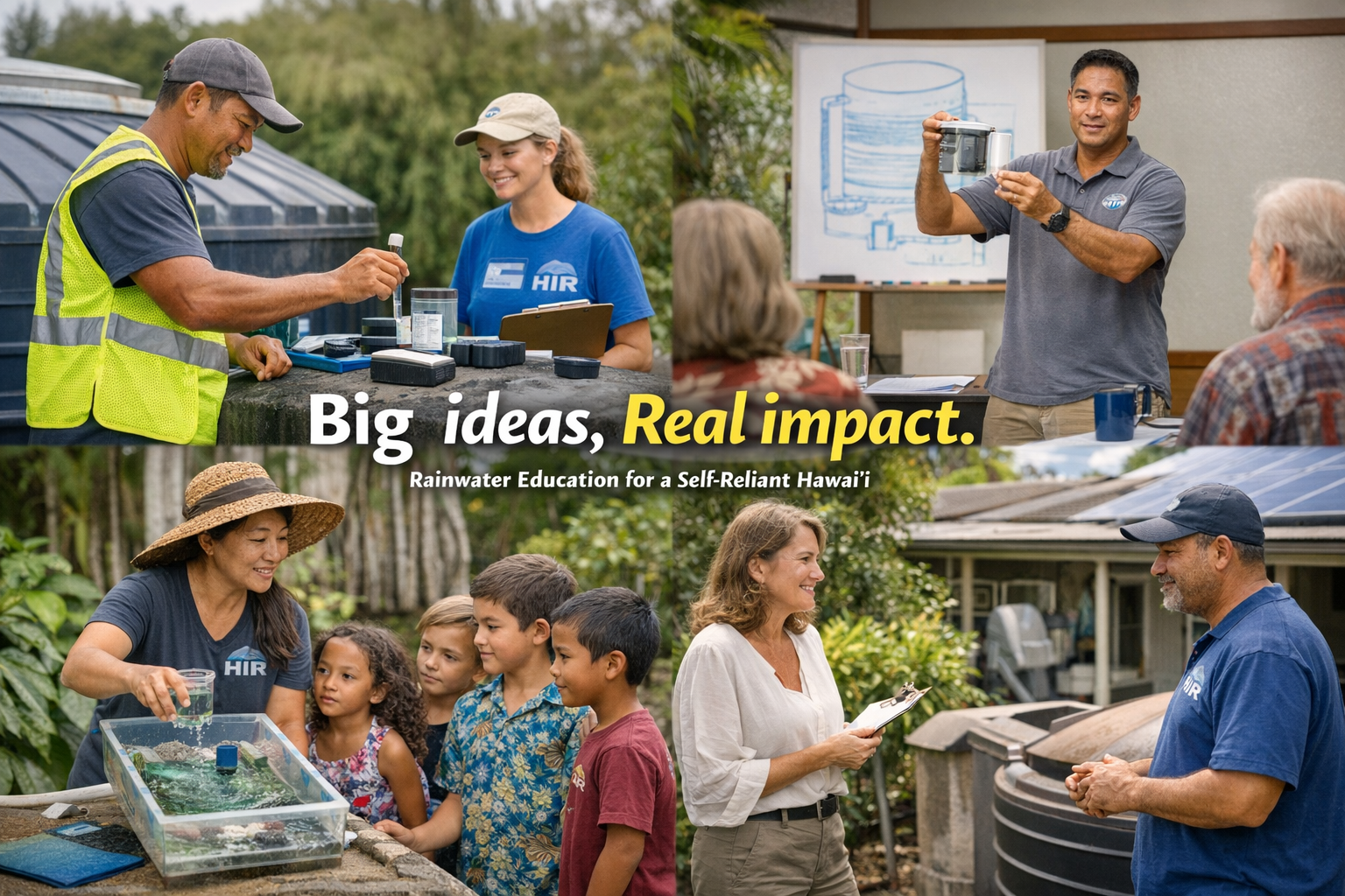 Collage of people engaging in rainwater education activities in Hawaii, including conducting experiments, giving presentations, and demonstrating rainwater collection systems, with the text "Big ideas, Real impact. Rainwater Education for a Self-Reliant Hawai'i."