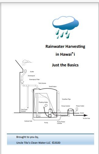 Diagram of rainwater harvesting system in Hawaii showing components like gutter, downspout, filter, tank, floating intake, overflow pipe, pump, and power outlet with a cloud and rain icon at the top.