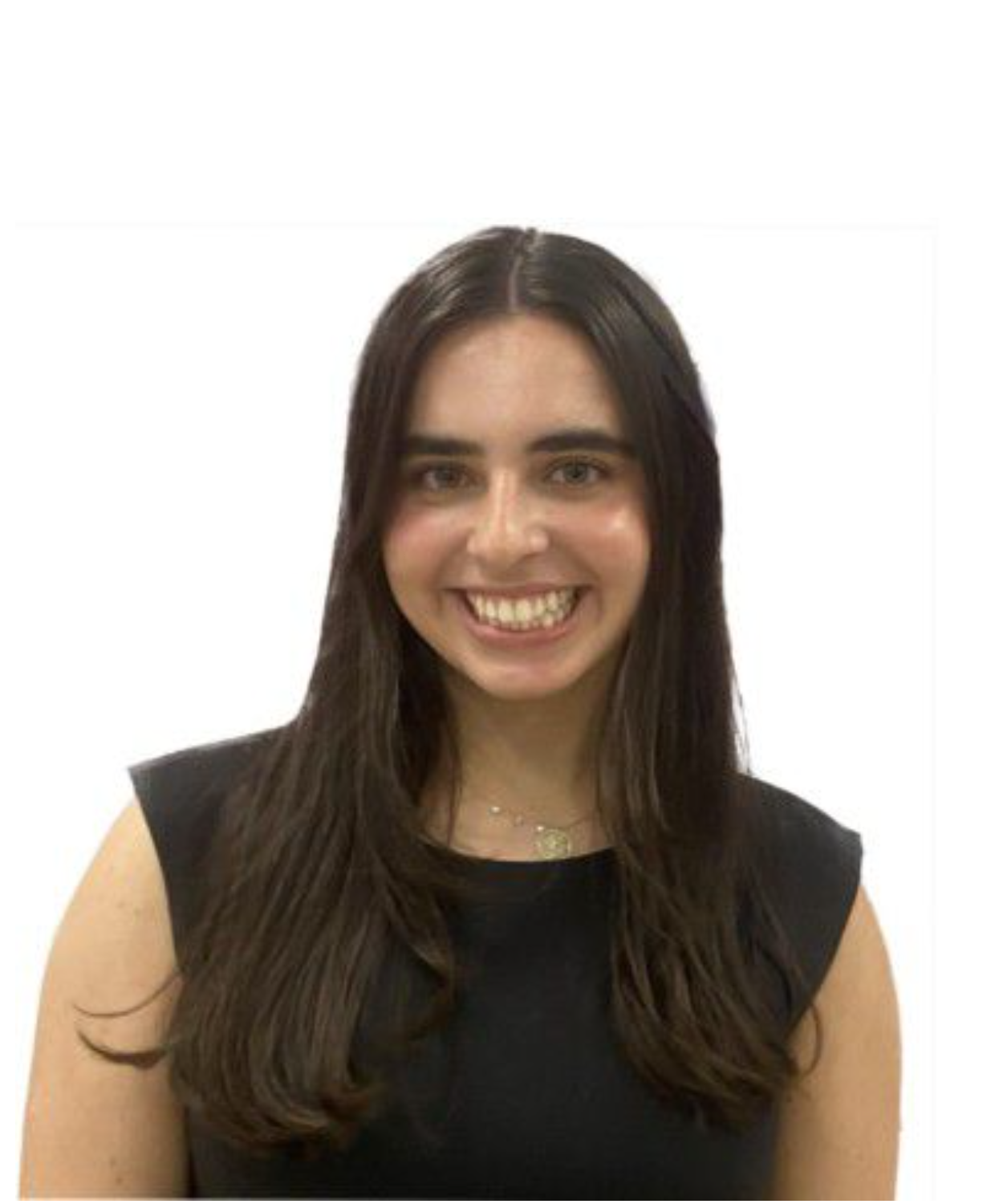 Portrait of a young woman with long brown hair, smiling, wearing a black sleeveless top and a necklace, against a white background.