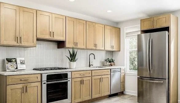 Kitchen with light wood cabinets, stainless steel refrigerator, oven, and dishwasher, white tiled backsplash, small potted plants, and a window.