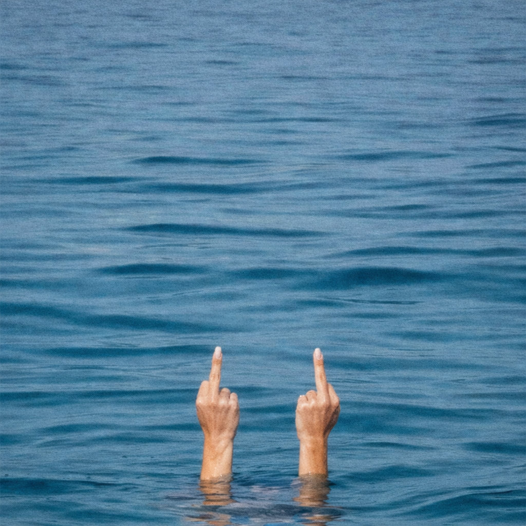 Two hands with middle fingers extended are raised above water in a large body of water.
