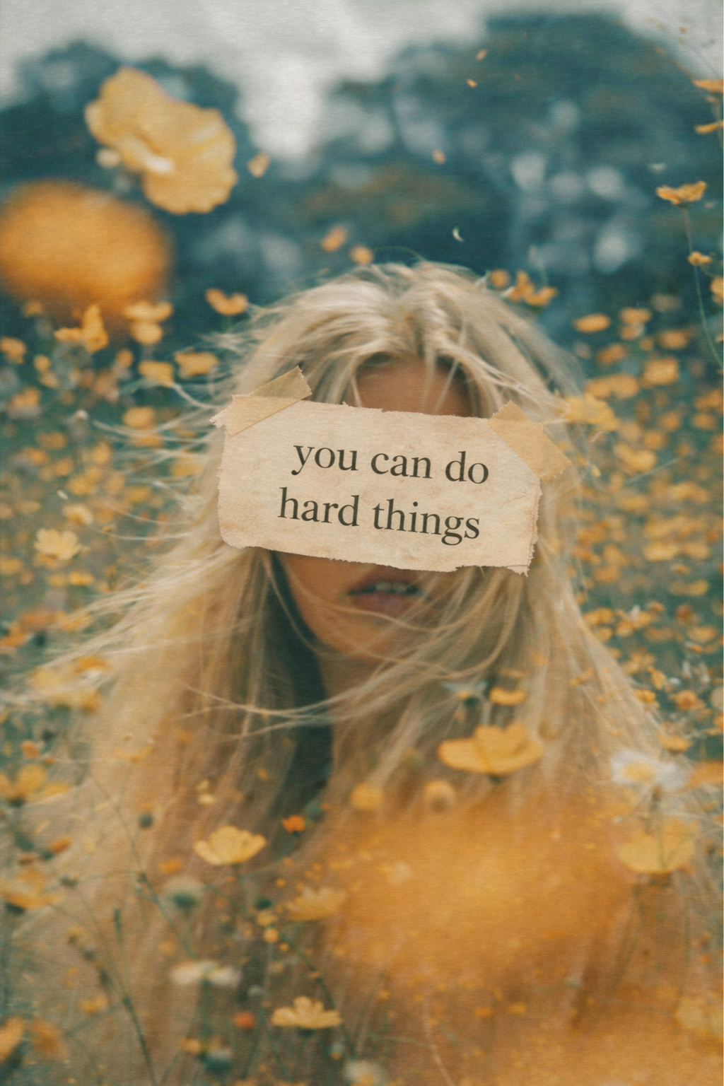 A woman with long blonde hair outdoors in a field of yellow flowers. A torn piece of paper covers her eyes with the text "you can do hard things."