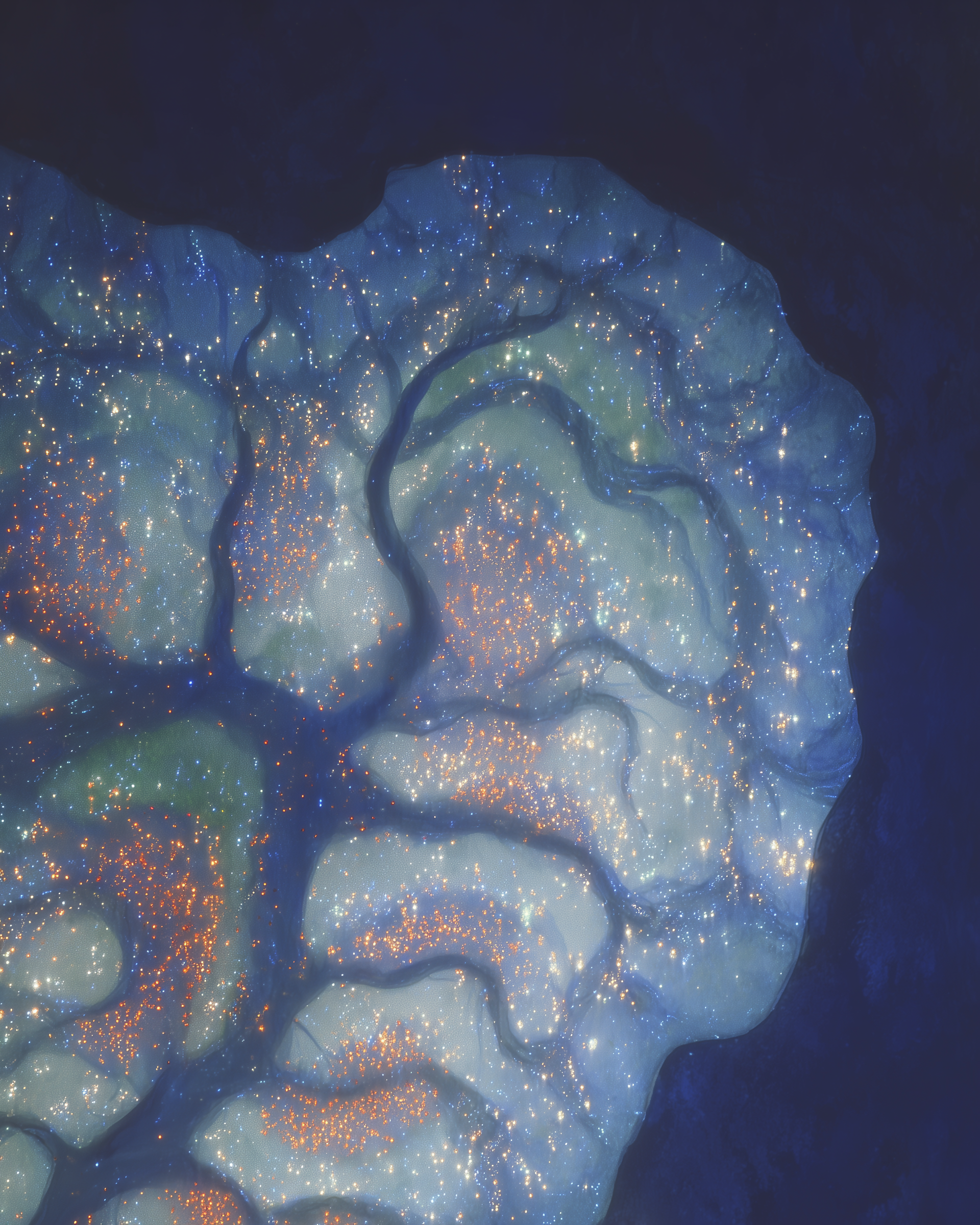 Aerial view of a snow-capped mountain with glowing lights resembling stars, creating a starry sky effect.