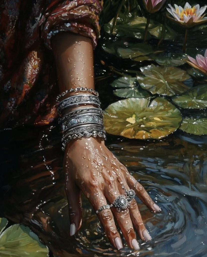 A hand submerged in water, surrounded by lily pads and blooming water lilies. The hand is decorated with multiple silver rings and bracelets, and water droplets are visible on the skin.