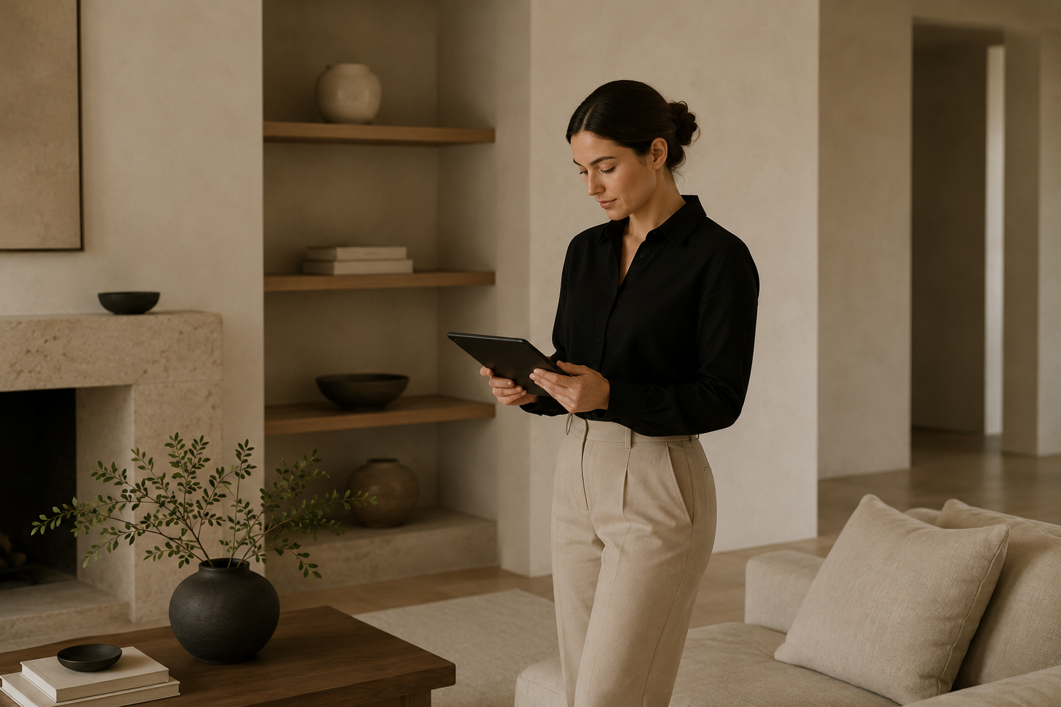 A woman dressed in a black blouse and beige pants is standing in a modern living room, looking at a tablet device.