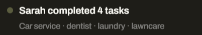 Text listing tasks completed by Sarah: car service, dentist, laundry, lawncare.