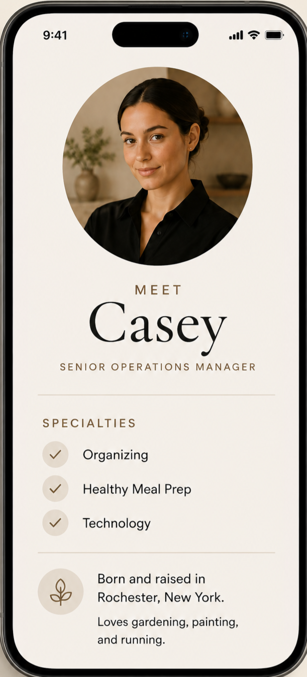 Smartphone screen displaying a digital profile for Casey, a senior operations manager. The profile features a photo of a woman with dark hair, a black shirt, and a neutral background. Text includes her name, job title, specialties like organizing, healthy meal prep, and technology, and personal details about her being raised in Rochester, New York, with interests in gardening, painting, and running.
