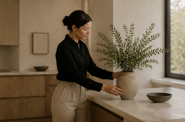 Woman in black blouse and beige trousers arranging a plant in a beige vase on a kitchen counter.