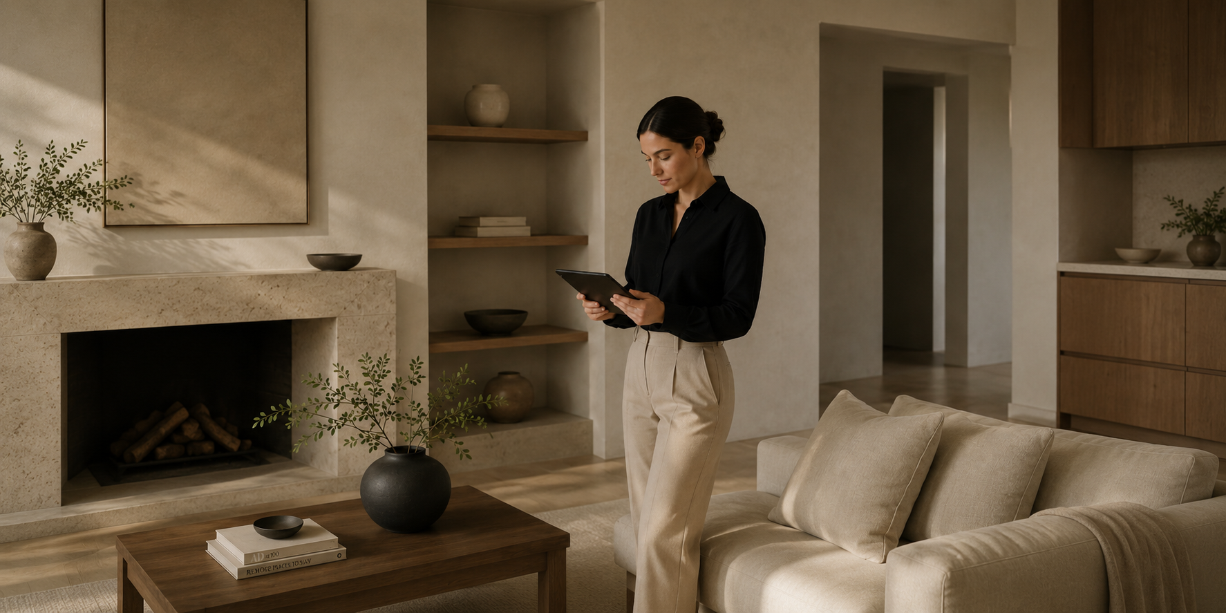 A woman in beige pants and a black top standing in a modern living room, looking at a tablet in her hands.
