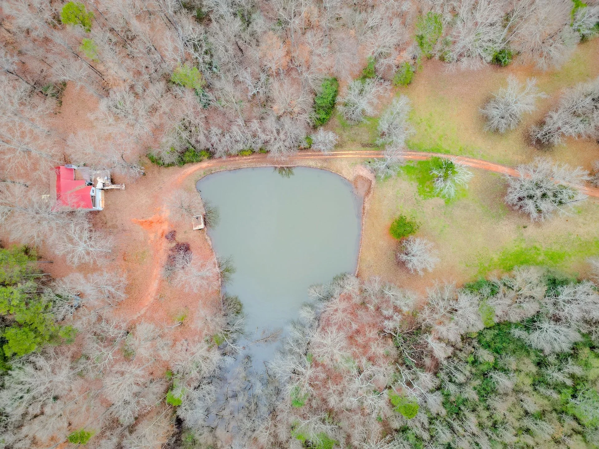 Aerial view of a pond surrounded by leafless trees, a small house with a red roof, and a dirt path
