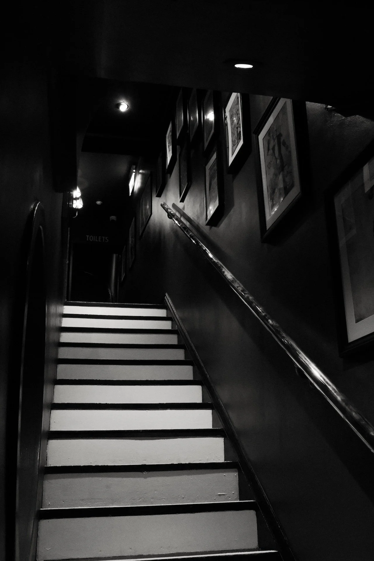 Black and white photo of a staircase inside a building, with a row of framed pictures on the wall to the right and a sign that reads 'TOILETS' at the top of the stairs, dimly lit with ceiling lights.