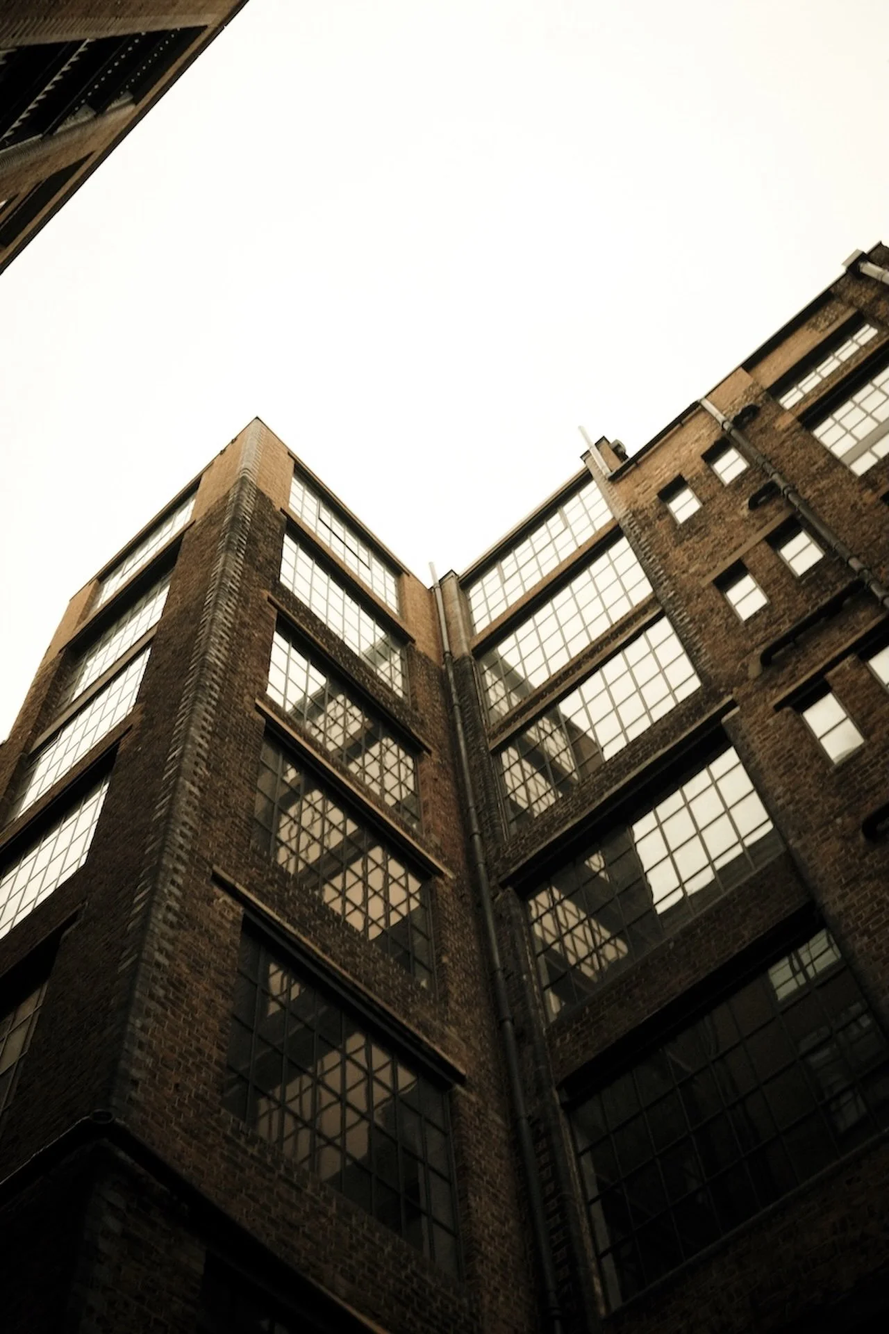 Looking up at the corner of a historic brick building with large grid windows, from street level.