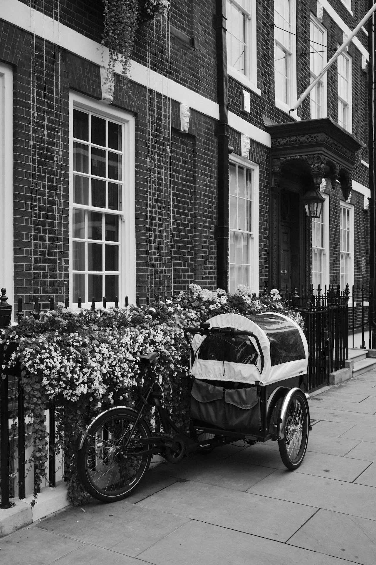 A bicycle with a cargo trailer parked in front of a row of brick townhouses with flower beds and black iron fences.