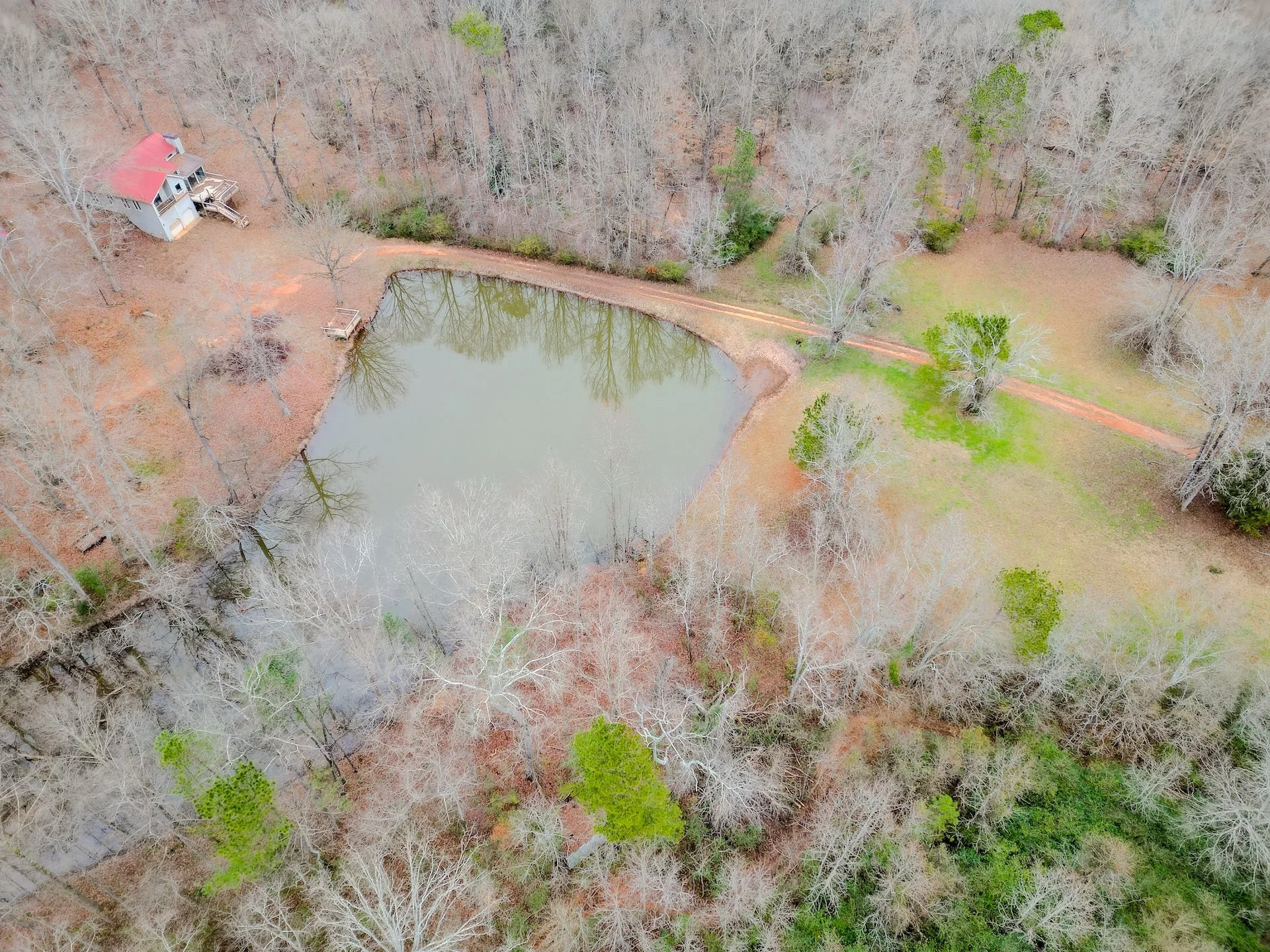 Aerial view of a pond surrounded by trees, a house with a red roof, a dirt path, and a grassy area.