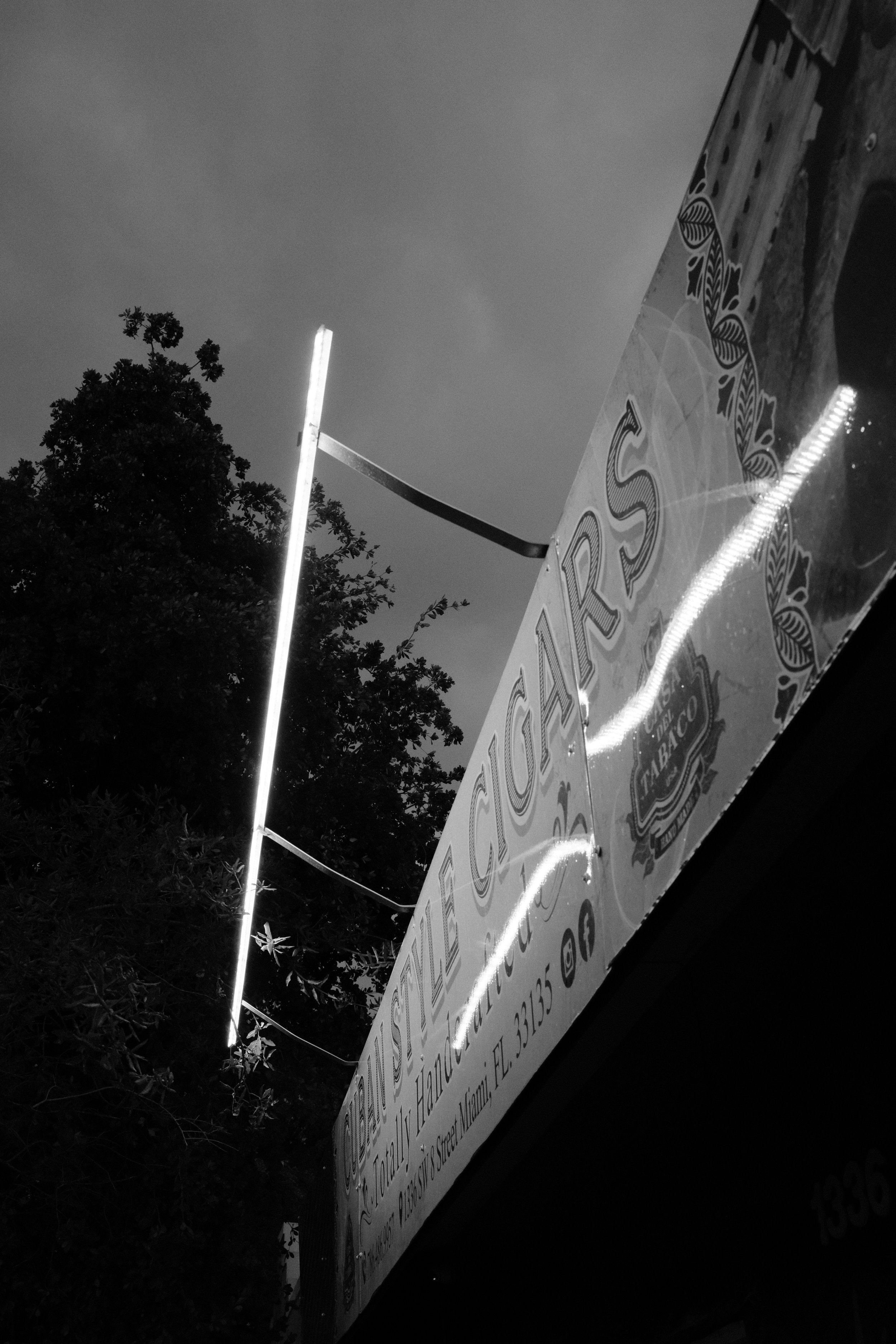 A black and white photo of a food truck with a brightly lit neon sign, trees in the background, taken at dusk or night.