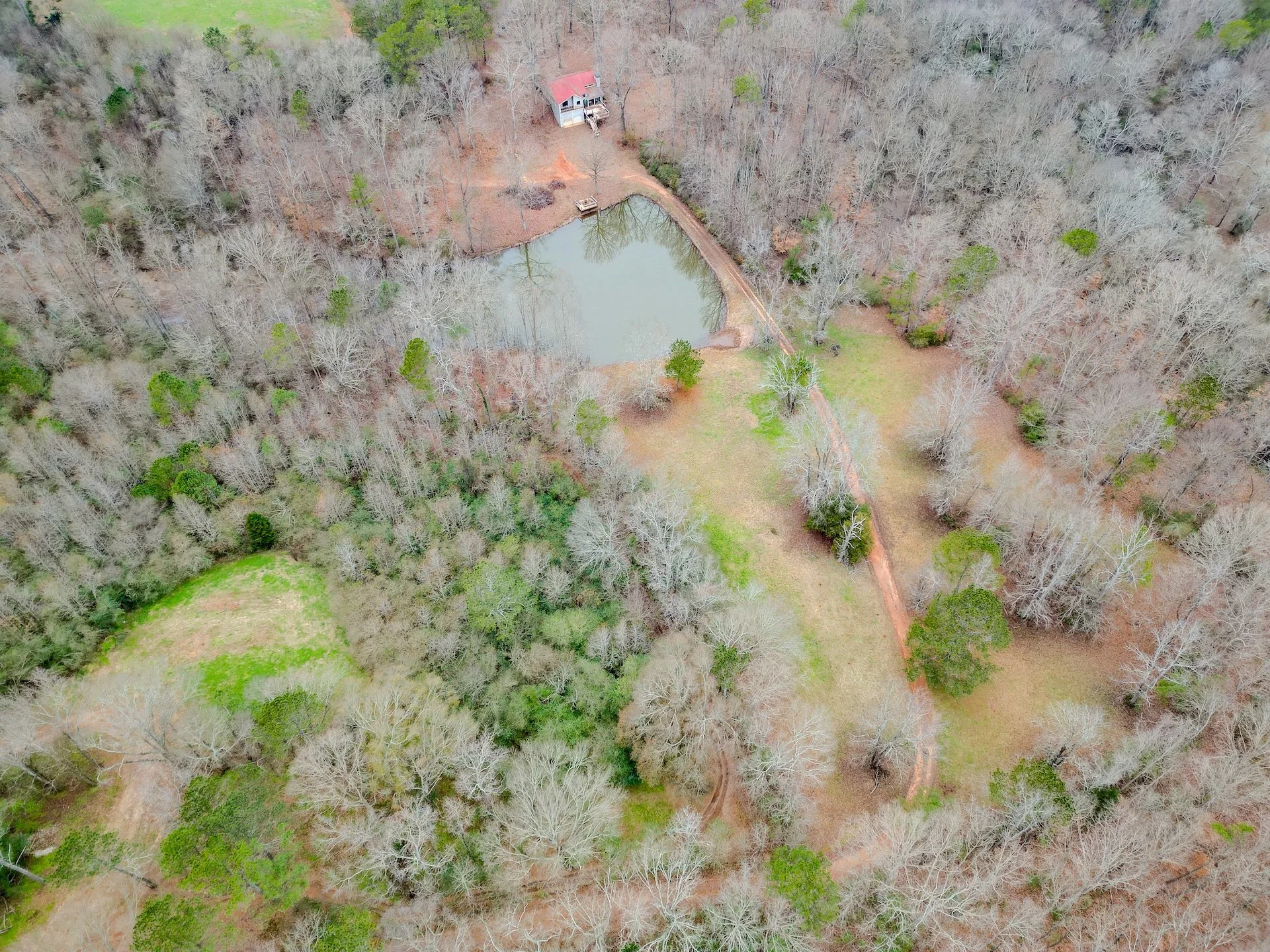 Aerial view of a wooded area with a small pond and a house near the pond, surrounded by trees and a dirt path.