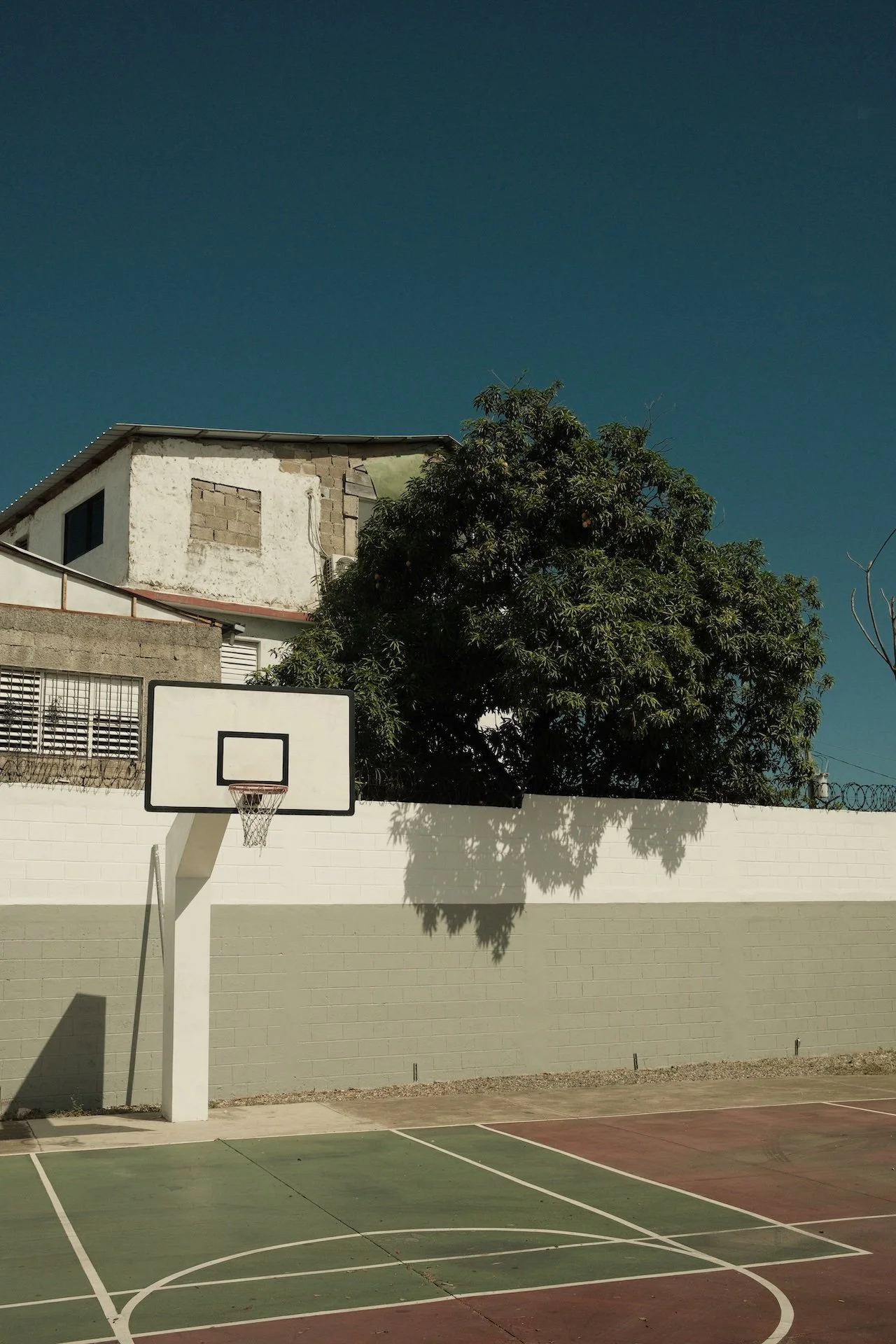 An outdoor basketball court with a white hoop and net, green and red playing surfaces, a white and gray wall, a large tree, and residential buildings under a clear blue sky.