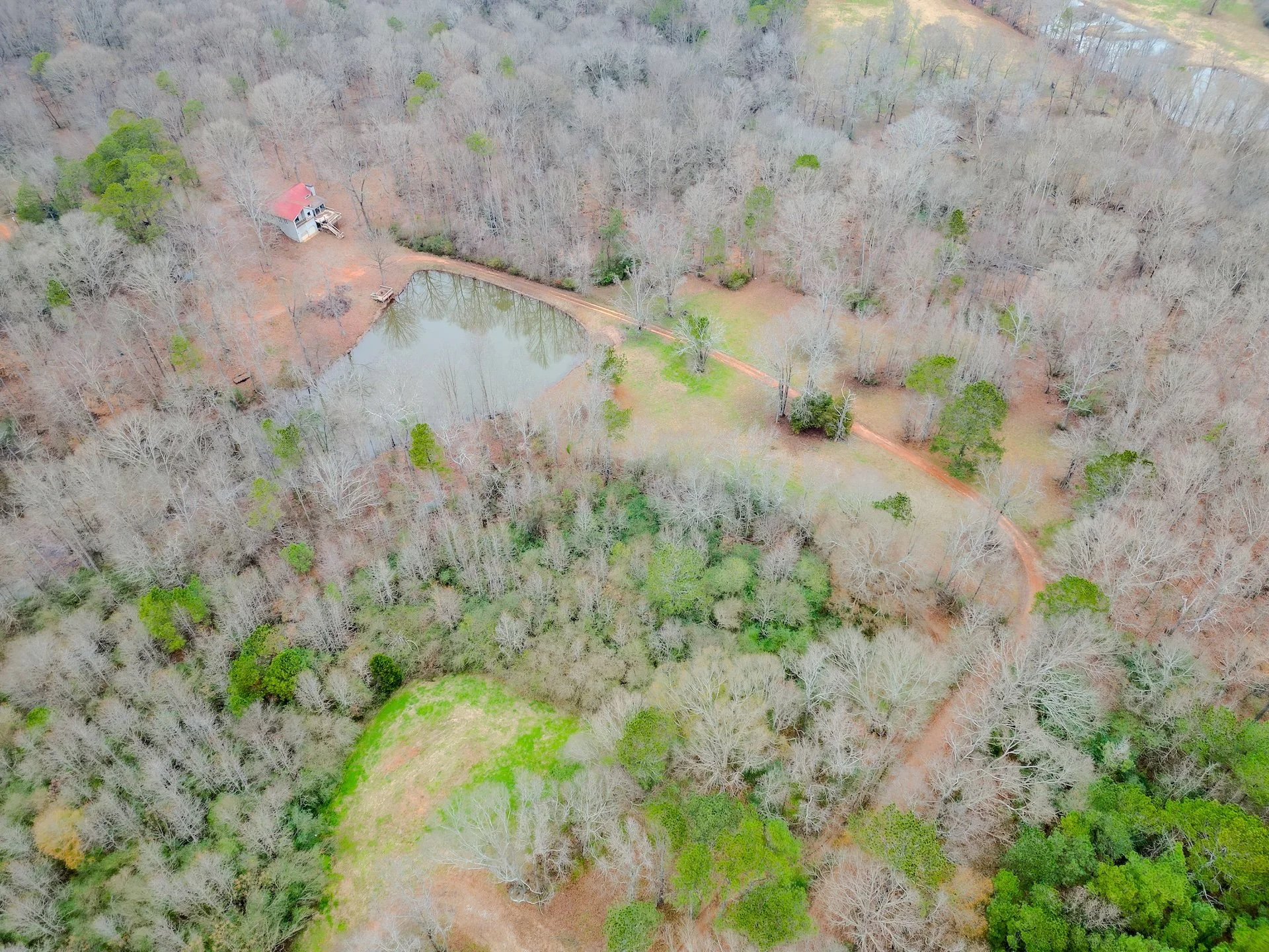 Aerial view of a wooded area with a small lake, a house with a red roof near the lake, a dirt path winding through the trees, and patchy green and brown grass.