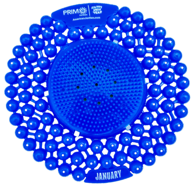 Blue Primo Urinal Screen designed for odor control and splash reduction
