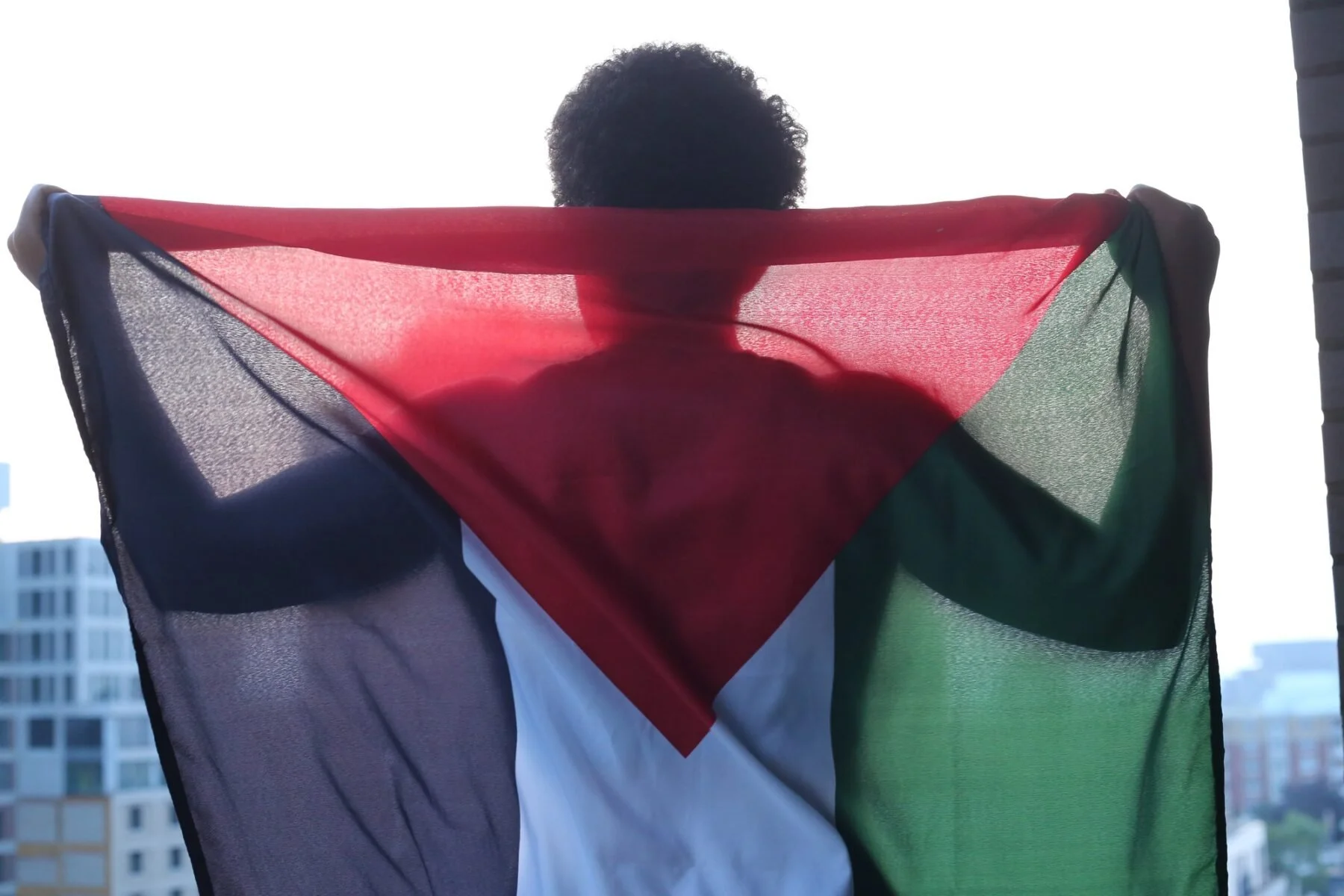 Person holding Palestinian flag against a cityscape with buildings, backlit by sunlight.