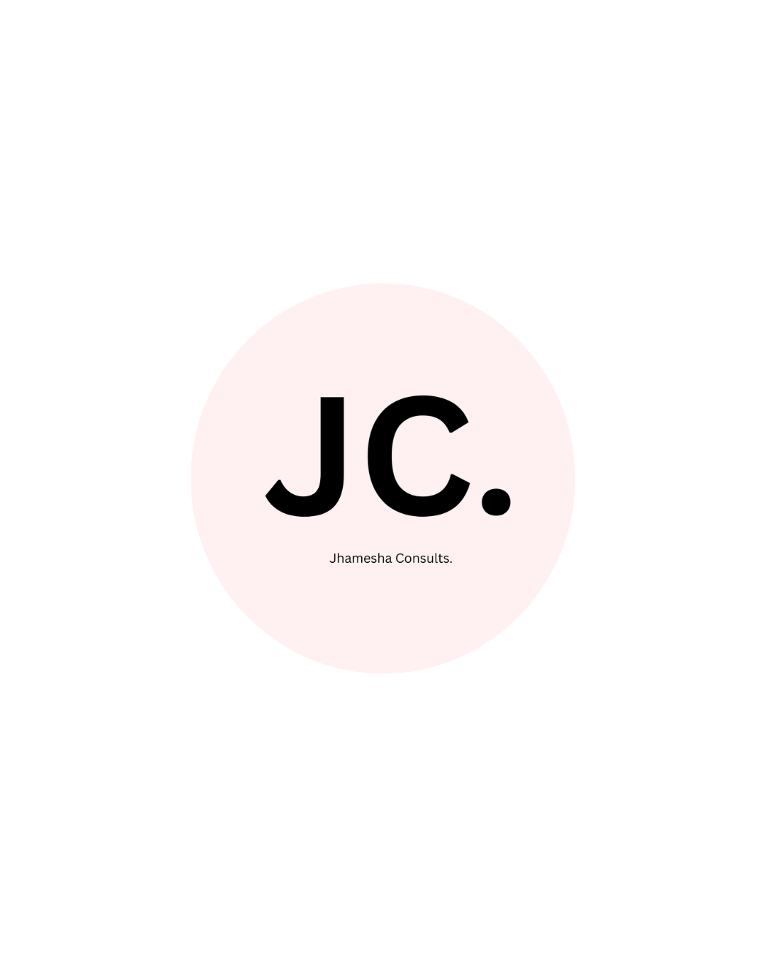 Business card featuring a soft pink circle with black text 'JC.' and smaller text 'Jhamesha Consults.' against a dark background.