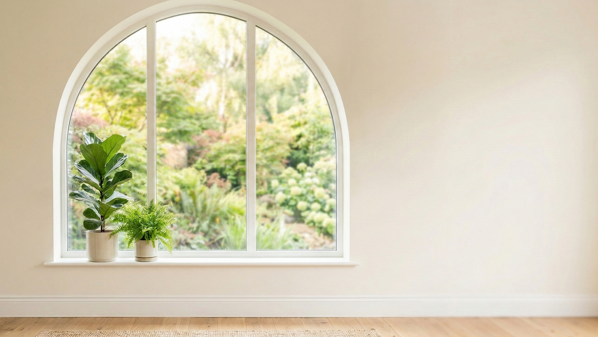 A room with beige walls, wooden floor, a white arched window with two potted plants on the windowsill, and a blurred view of green trees and plants outside.