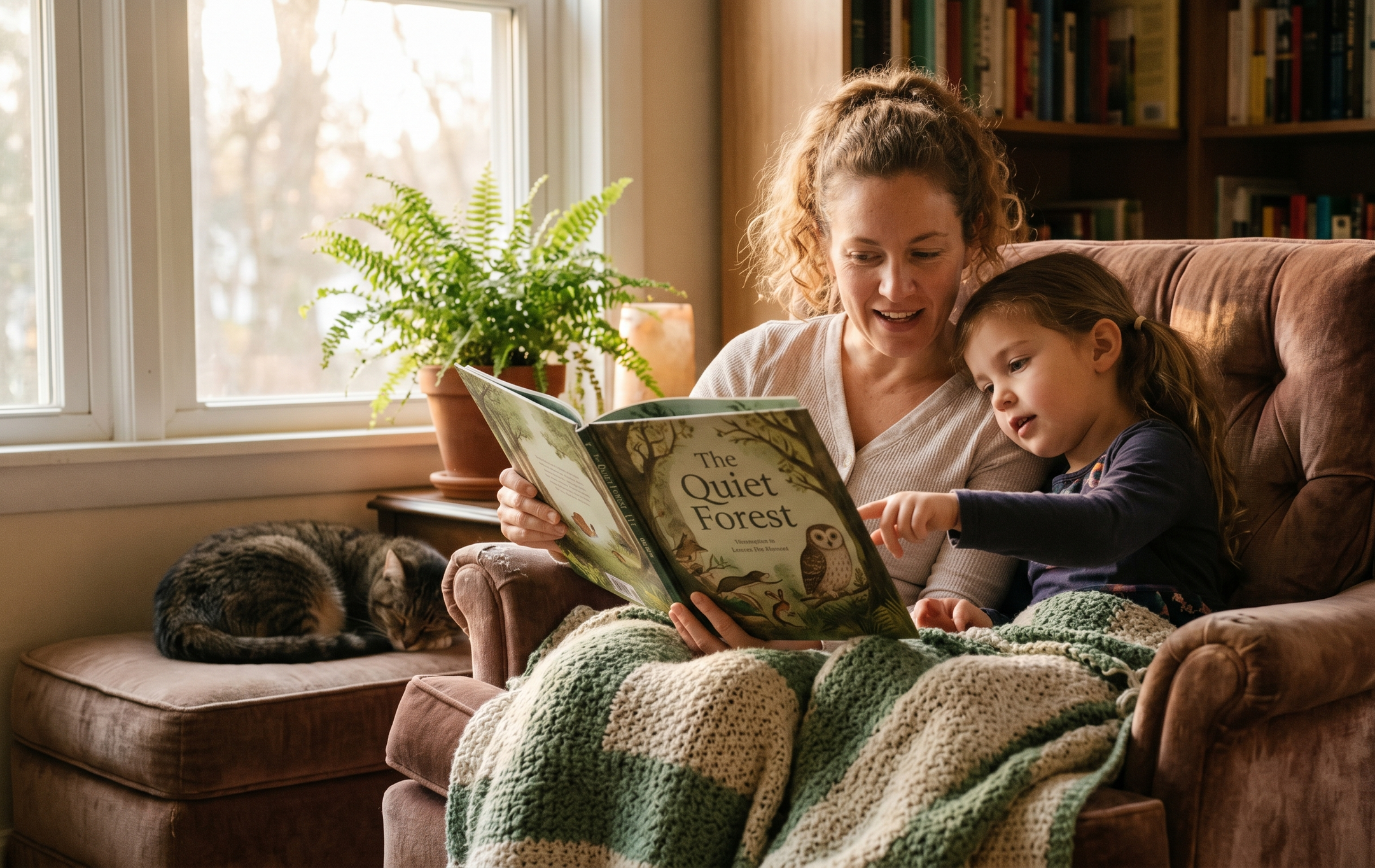 A woman and a young girl sitting on a couch reading a book titled "The Quiet Forest" together in a cozy living room with a window, a potted fern, and a bookshelf, while two cats lie on a knitted blanket in front of them.