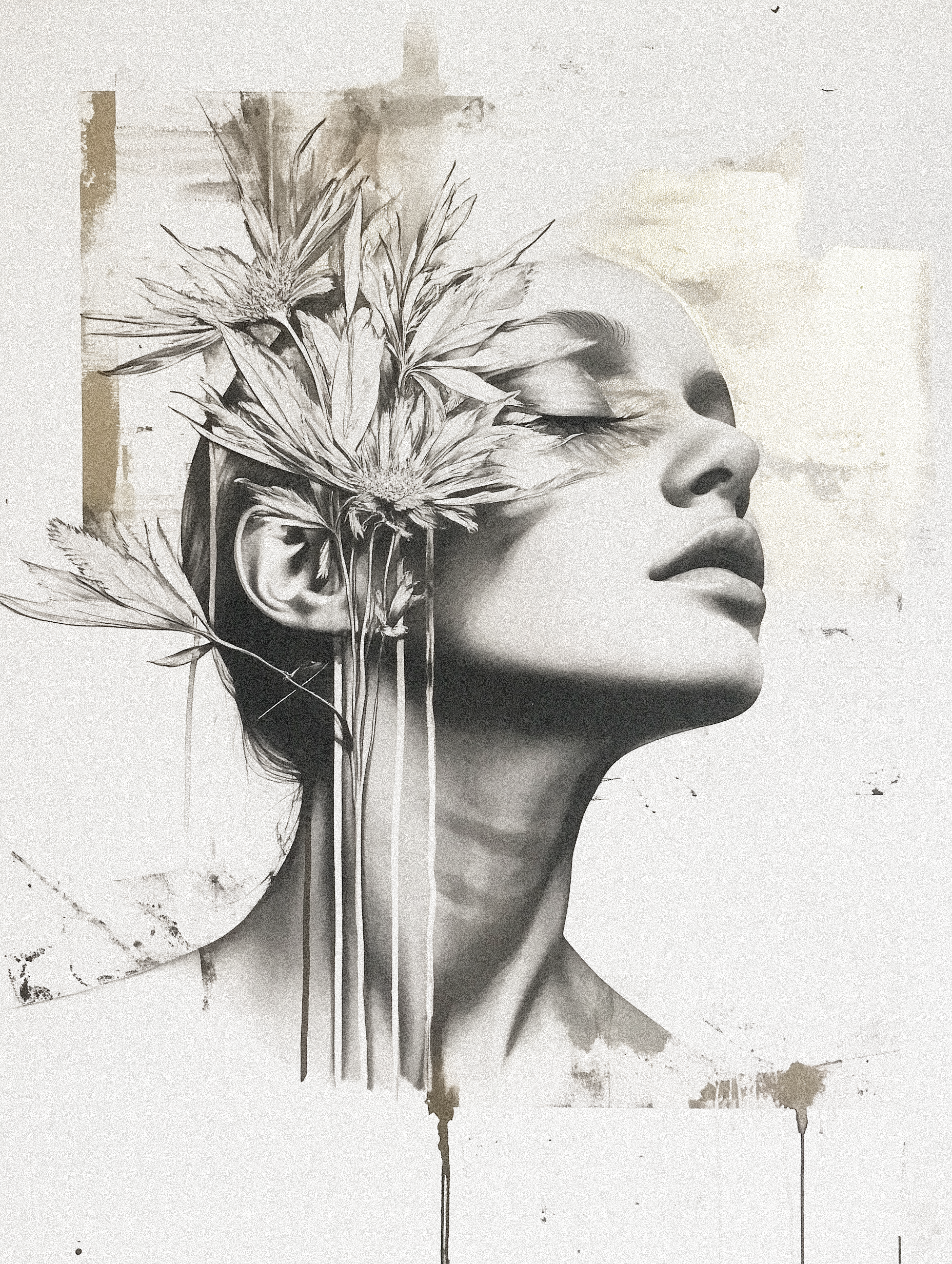 A side profile of a woman with her eyes closed and lips slightly parted, with a large flower and leaves overlaying part of her face, in a monochrome artistic style.