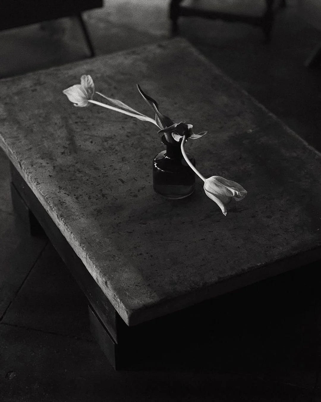 A small dark vase with two wilted tulip flowers placed on a textured stone table in a dimly lit room.