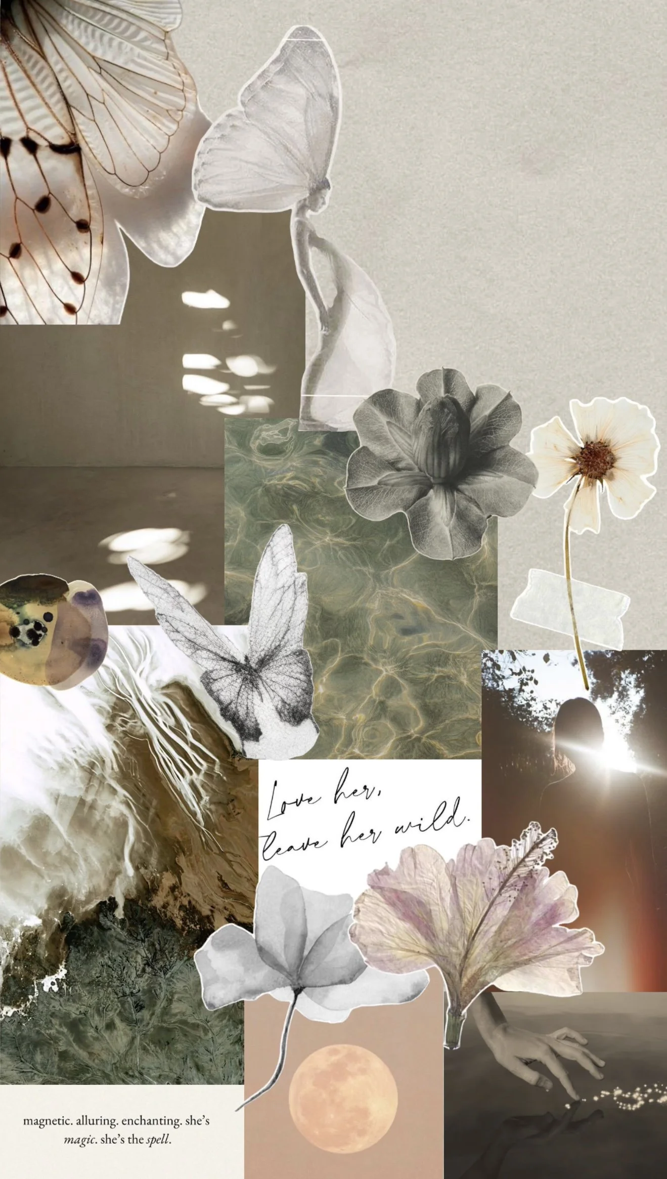 A collage of nature-inspired images including butterflies, flowers, a full moon, and a hand. There is a quote that reads, 'Love her, leave her wild.' and a caption saying, 'magnetic, alluring, enchanting, she's magic. she's the spell.'