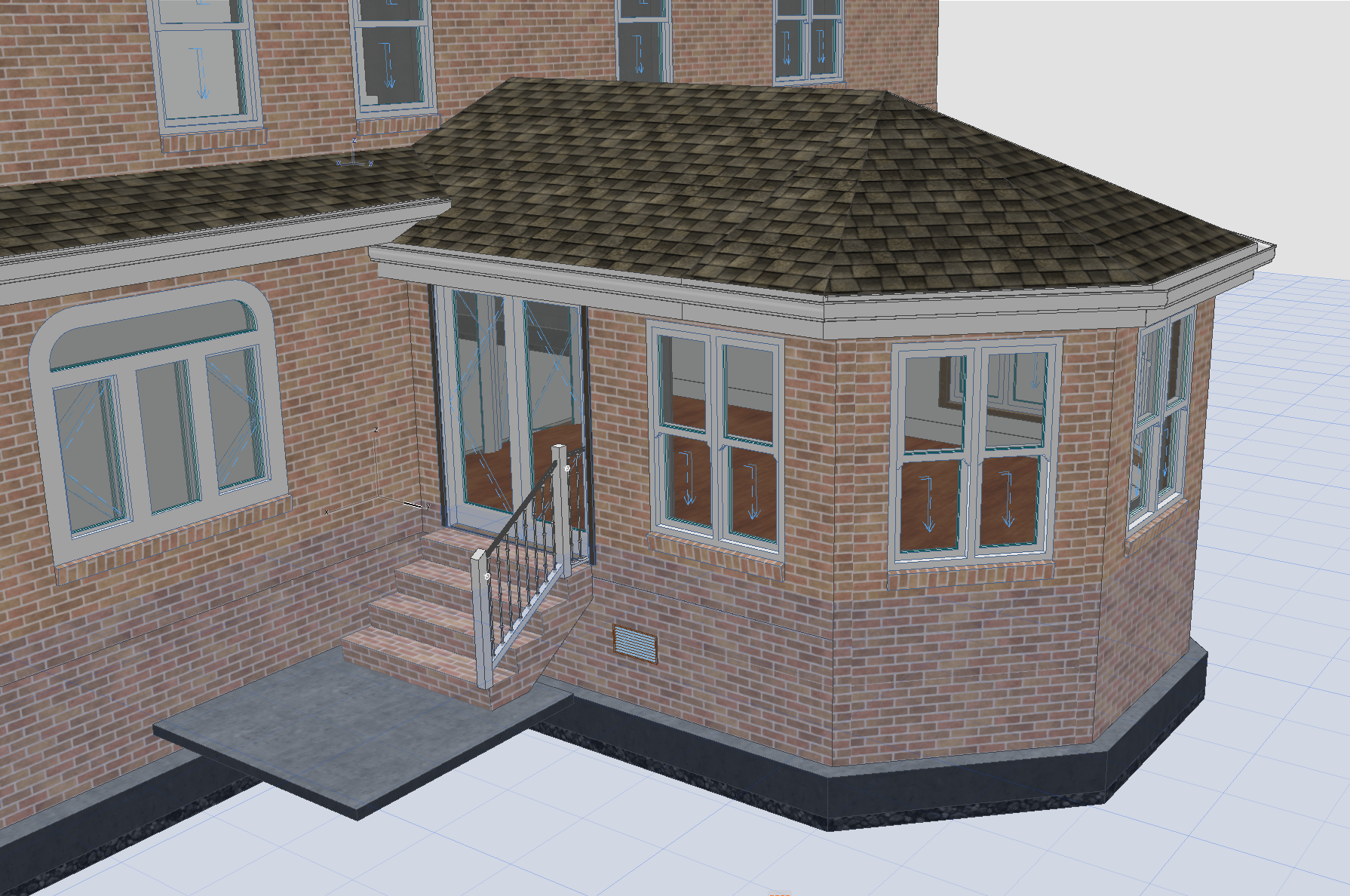 3D model of a brick house corner with windows, a small staircase, a ramp, and a shingled roof.