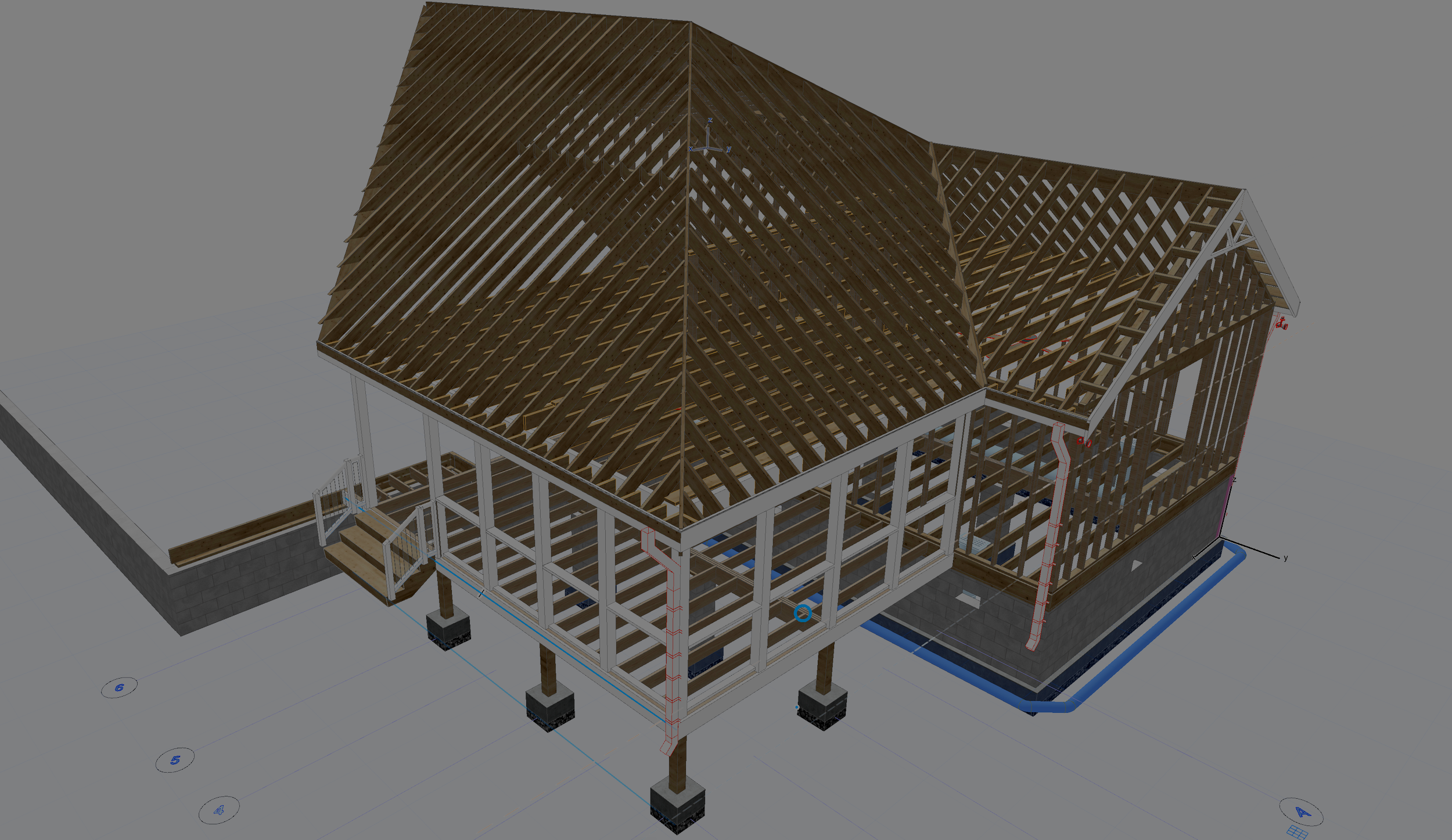 3D digital model of a house under construction with wooden framing, a pitched roof, and support columns, shown on a technical blueprint background.